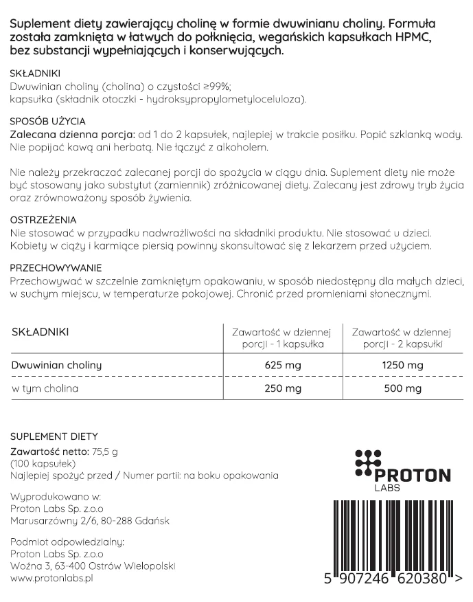 Cholina 500 mg (dwuwinian choliny) - 100 kapsułek - Image 3