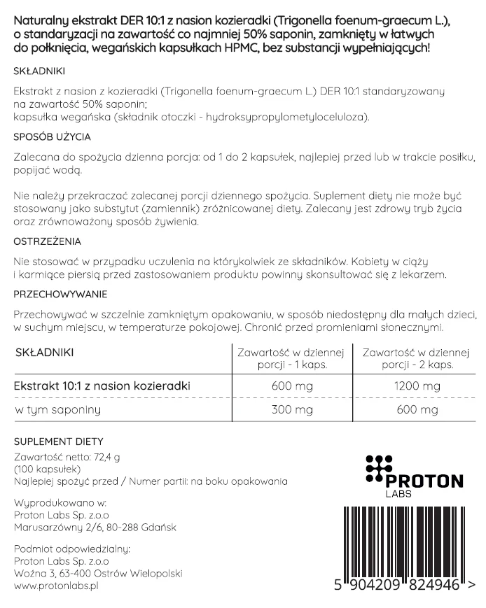 KOZIERADKA 600 mg ekstrakt DER 10:1 FENUGREEK 50% saponin 100 kaps - Image 3