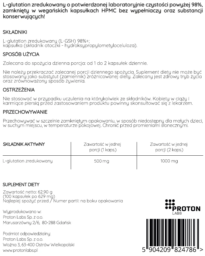 L-glutation zredukowany 98%+ PURE 500 mg 100 kaps - Image 3