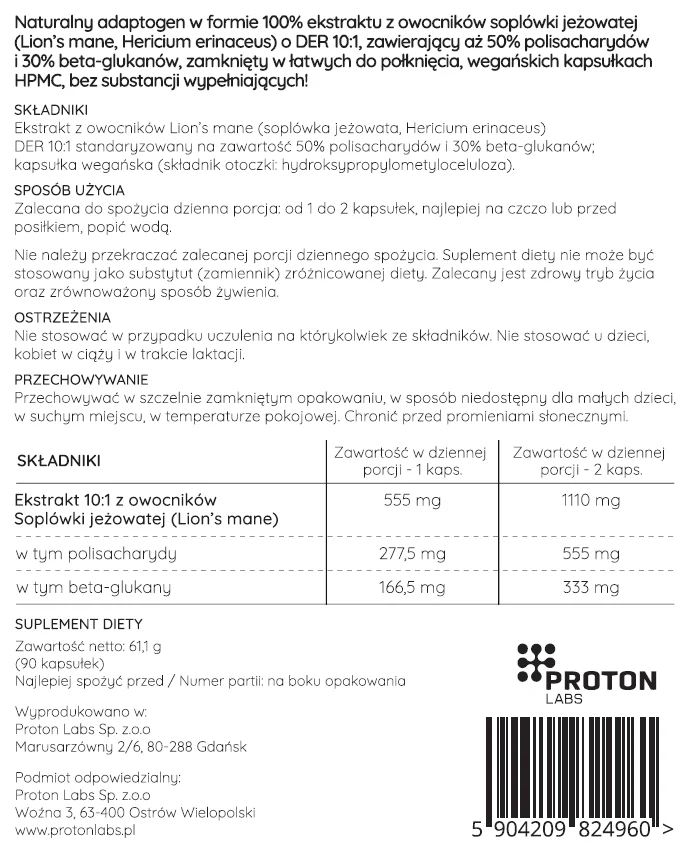 LION'S MANE 555 mg 90 kapsułek soplówka jeżowata DER 10:1 (50% polisacharydów, 30% beta-glukanów) - Image 3