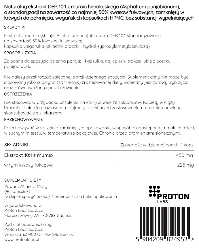 MUMIO 450 mg Shilajit Ekstrakt DER 10:1 (50% kwasów fulwowych) 90 kapsułek - Image 3