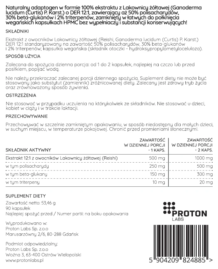 REISHI ekstrakt DER 12:1 (50% polisacharydów, 30% beta-glukanów, 2% triterpenów) 90 kapsułek 500 mg - Image 3